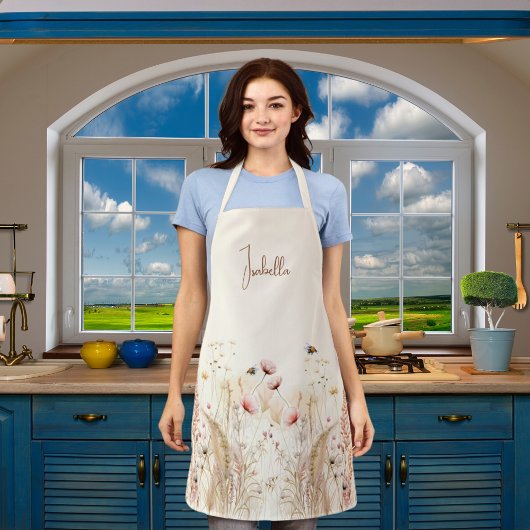 Beige crème waterverf wilde bloemen roze boho schort