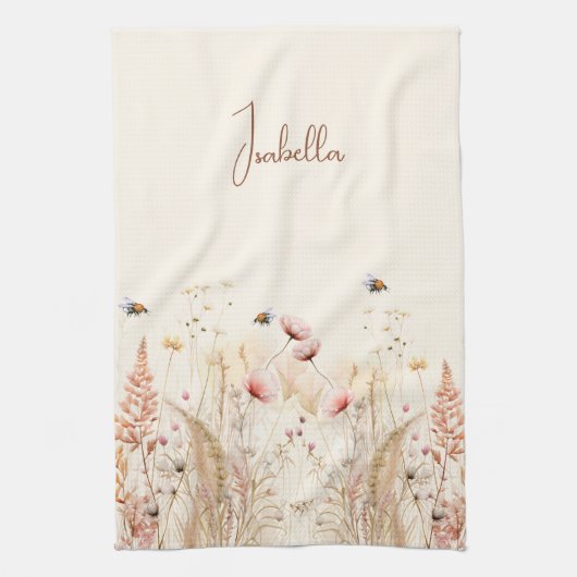 Beige crème waterverf wilde bloemen roze boho theedoek (Verticaal)