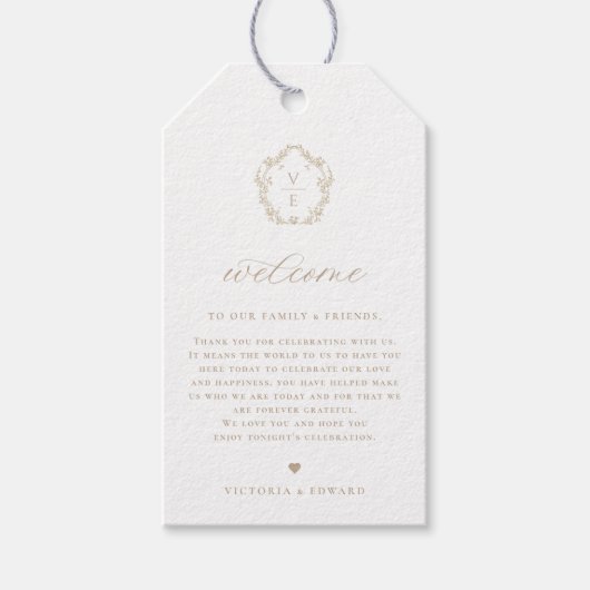  Beige Crest Bruiloft Welkom Cadeaulabel (Voorkant)