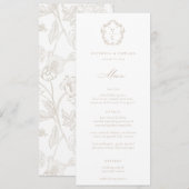  Beige Crest Monogram Floral Weddenschap Menu Kaart (Voorkant / Achterkant)