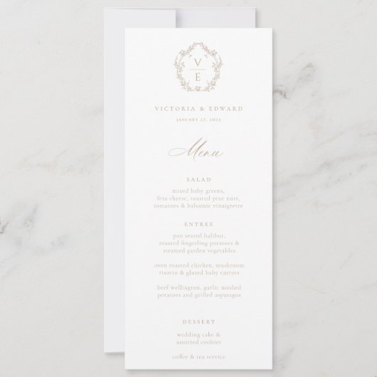  Beige Crest Monogram Floral Weddenschap Menu Kaart (Voorkant)