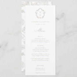  Beige Crest Monogram Floral Weddenschap Menu Kaart