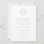 Beige Crest Monogram Huwelijksfoto Kaart (Voorkant)
