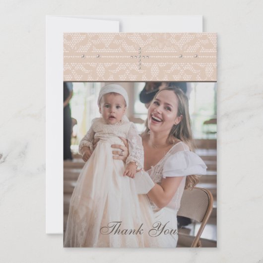 Beige Cross Christian Baptism Photo Thank You Card Bedankkaart (Voorkant)