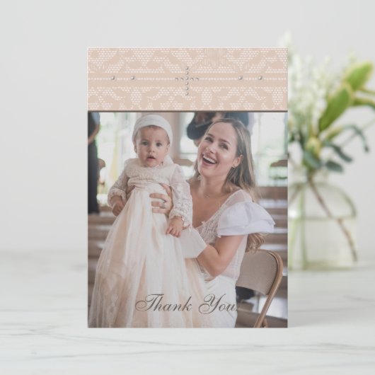Beige Cross Christian Baptism Photo Thank You Card Bedankkaart (Staand voorkant)