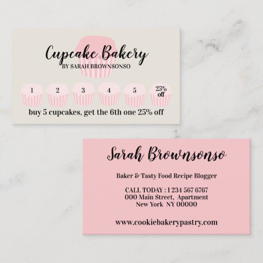 Beige Cupcake Bakkerij Cafe Loyalty Punch Korting Visitekaartje (Voorkant / Achterkant)