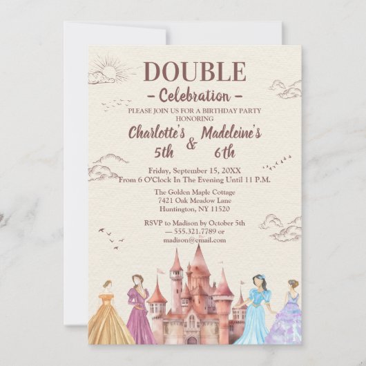 Beige Cute Illustrative Girls’ Joint Birthday Kaart (Voorkant)