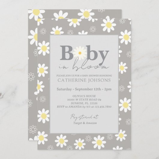Beige Daisy Baby in Bloom Shower Kaart (Voorkant / Achterkant)
