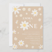 Beige Daisy Eerste 1e Verjaardag uitnodiging Eén (Voorkant)