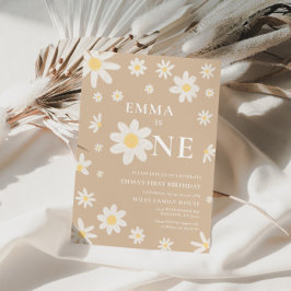 Beige Daisy Eerste 1e Verjaardag uitnodiging Eén