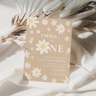 Beige Daisy Eerste 1e Verjaardag uitnodiging Eén