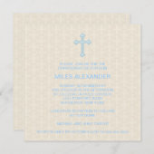 Beige Damask Cross Blue Boy doop Kaart (Voorkant / Achterkant)