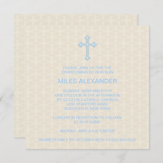 Beige Damask Cross Blue Boy doop Kaart (Voorkant / Achterkant)