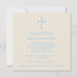 Beige Damask Cross Blue Boy doop Kaart