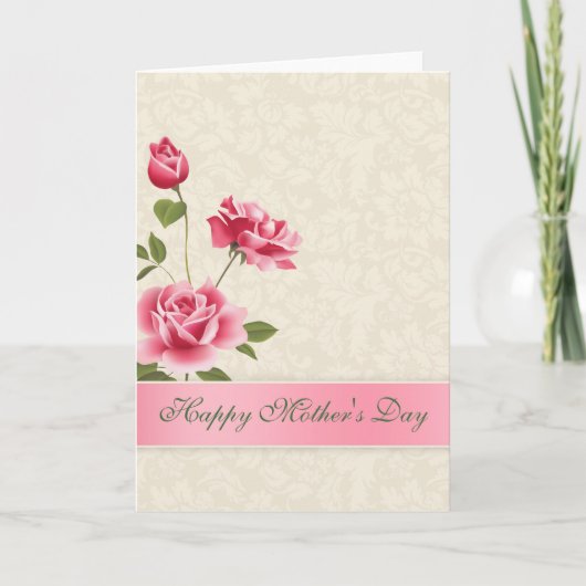 Beige Damask en roze Roses-Moederdag Kaart (Voorkant)