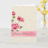 Beige Damask en roze Roses-Moederdag Kaart (Gele Bloem)