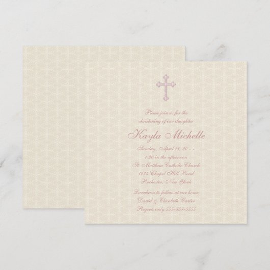 Beige Damask Pink Baby Girl Doop Kaart (Voorkant / Achterkant)