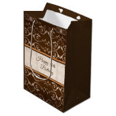 Beige Damask Roos gouden strepen Medium Cadeauzakje (Voorkant Gekanteld)