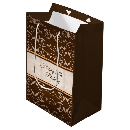 Beige Damask Roos gouden strepen Medium Cadeauzakje (Voorkant Gekanteld)
