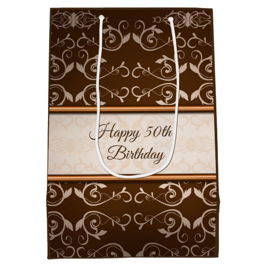 Beige Damask Roos gouden strepen Medium Cadeauzakje (Achterkant)