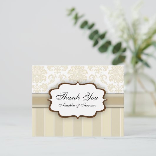 Beige Damask Stripe Wedding Bedankt (Staand voorkant)