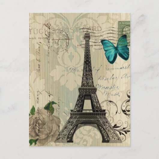 beige Damask vlinder roos Paris Eiffeltoren Briefkaart (Voorkant)