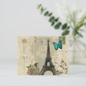beige Damask vlinder roos Paris Eiffeltoren Briefkaart (Staand voorkant)