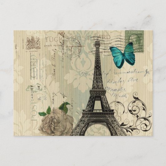 beige Damask vlinder roos Paris Eiffeltoren Briefkaart (Voorkant)