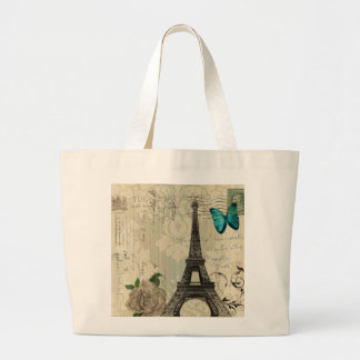 beige Damask vlinder roos Paris Eiffeltoren Grote Tote Bag