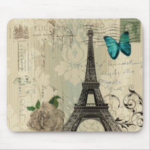 beige Damask vlinder roos Paris Eiffeltoren Muismat