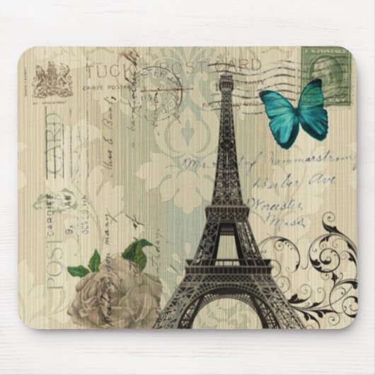 beige Damask vlinder roos Paris Eiffeltoren Muismat (Voorkant)