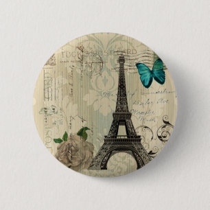beige Damask vlinder roos Paris Eiffeltoren Ronde Button 5,7 Cm