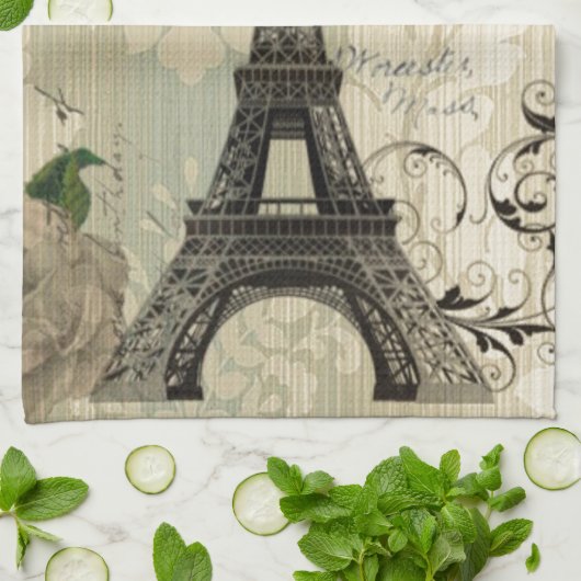 beige Damask vlinder roos Paris Eiffeltoren Theedoek (Gevouwen)