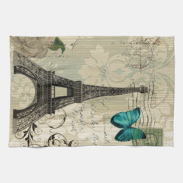 beige Damask vlinder roos Paris Eiffeltoren Theedoek