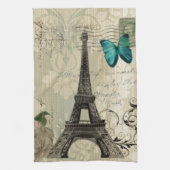 beige Damask vlinder roos Paris Eiffeltoren Theedoek (Verticaal)