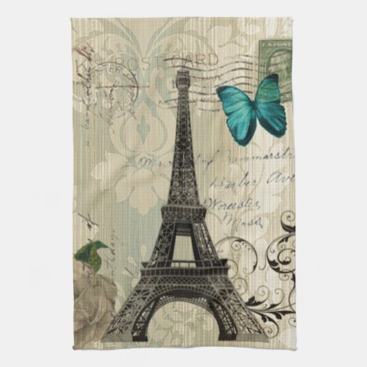 beige Damask vlinder roos Paris Eiffeltoren Theedoek (Verticaal)