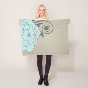 Beige Damast en blauwe bloem Fleece Deken