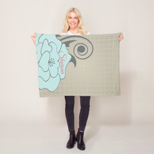 Beige Damast en blauwe bloem Fleece Deken (In situ)