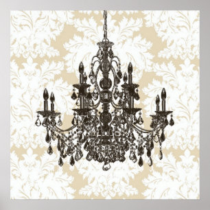 Beige damast kroonluchter muurkunst print