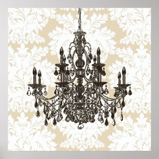 Beige damast kroonluchter muurkunst print (Voorkant)
