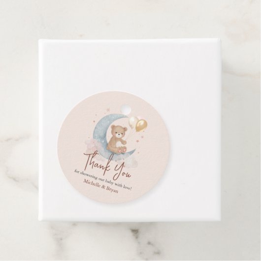 Beige Dank u Teddy Bear Baby shower Bedankjes Labels (In situ)