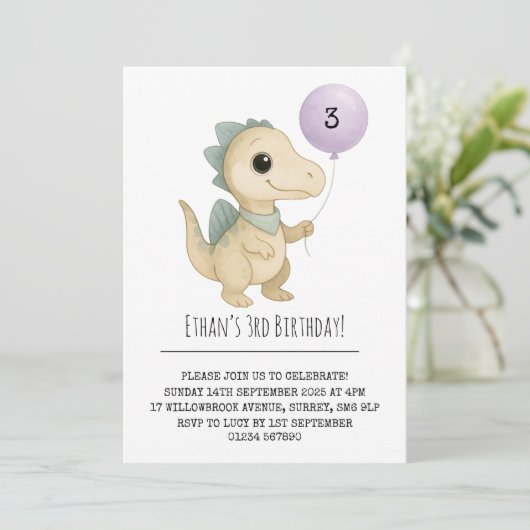 Beige Dino with Blue Spikes and Balloon Birthday Kaart (Staand voorkant)