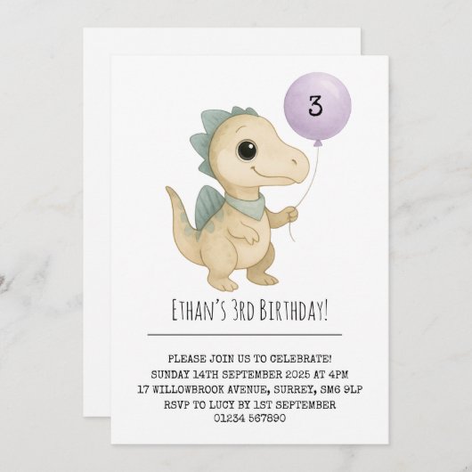 Beige Dino with Blue Spikes and Balloon Birthday Kaart (Voorkant / Achterkant)