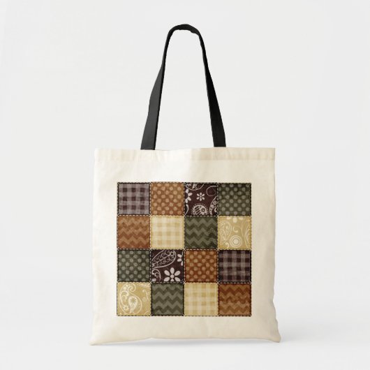 Beige, donkerbruine en olijfgroene Quilt look Tote Bag (Voorkant)