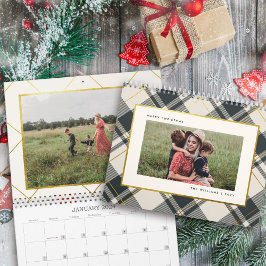 Beige & Donkergroene Tartan Plaid Familie Foto Kalender