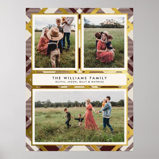 Beige & Donkerrode Tartan 3 Fotocollage Kerstmis Poster (Voorkant)