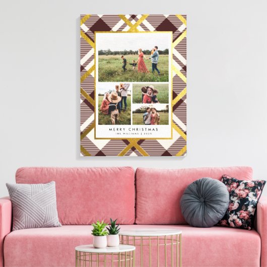 Beige & Donkerrode Tartan 4 Fotocollage Kerstmis Canvas Afdruk (Insitu (Woonkamer))