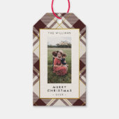 Beige & Donkerrode Tartan Plaid Foto Kerstmis Cadeaulabel (Voorkant)