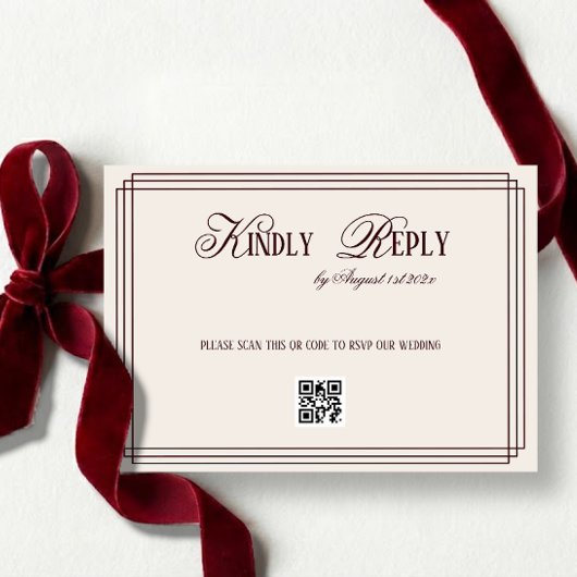 Beige donkerrood oud geld trouw QR-code RSVP Kaartje