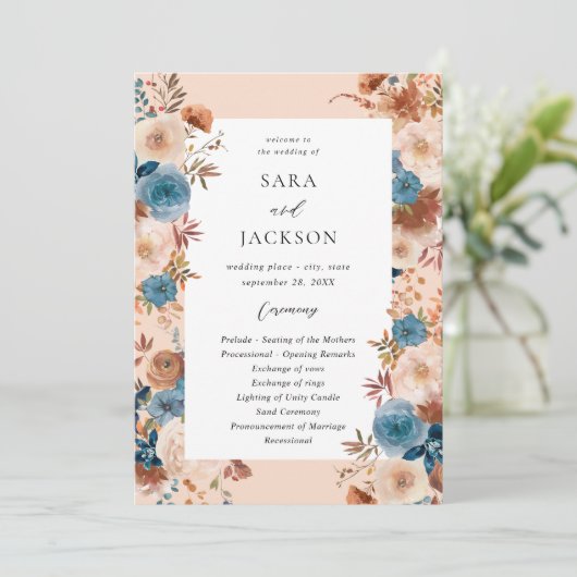 Beige & Dusty Blauw Bloemen Huwelijksprogramma - B Kaart (Staand voorkant)